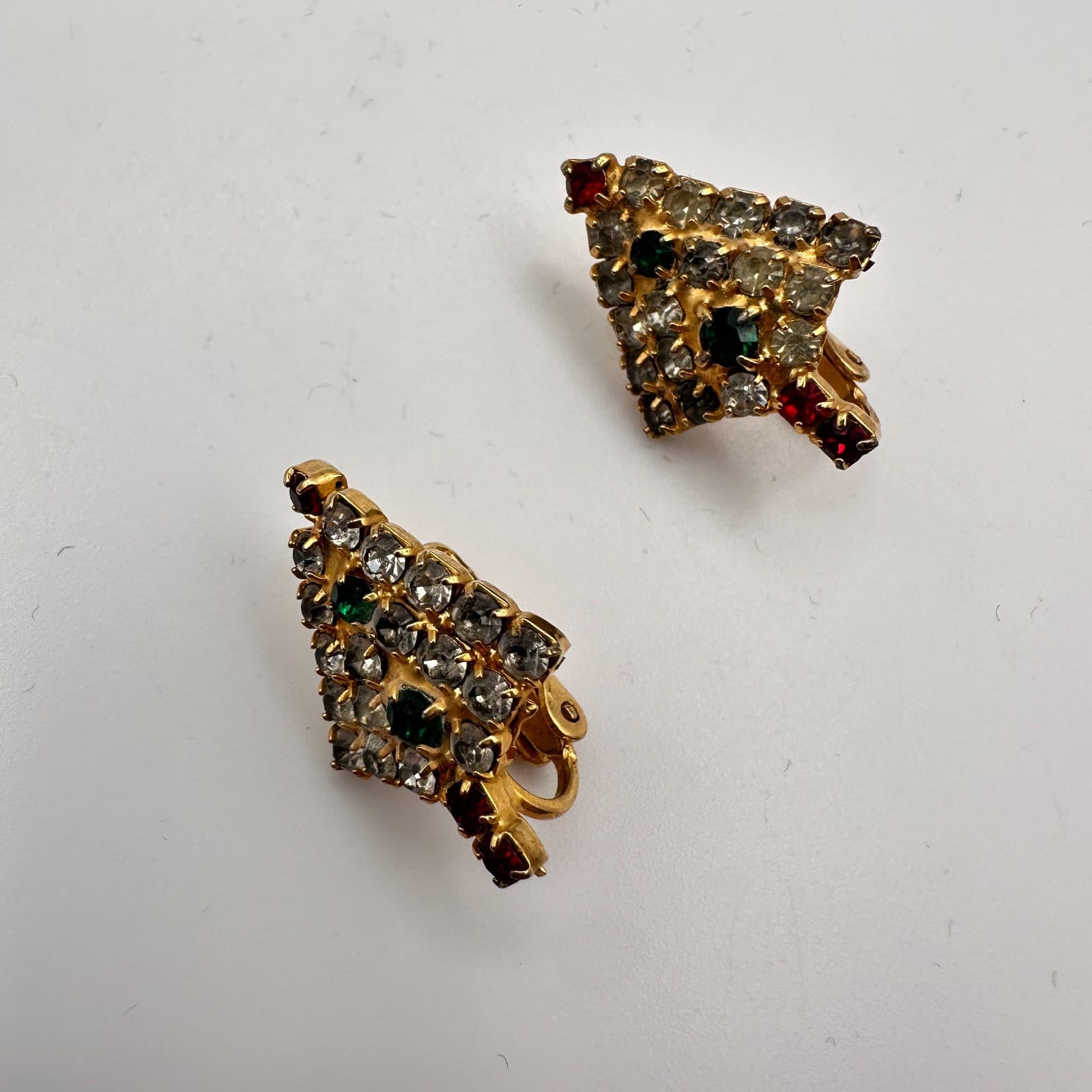 Vintage Y2K Gold Tone Christmas Tree Rhinestone Earrings Women's Classic Jewelry