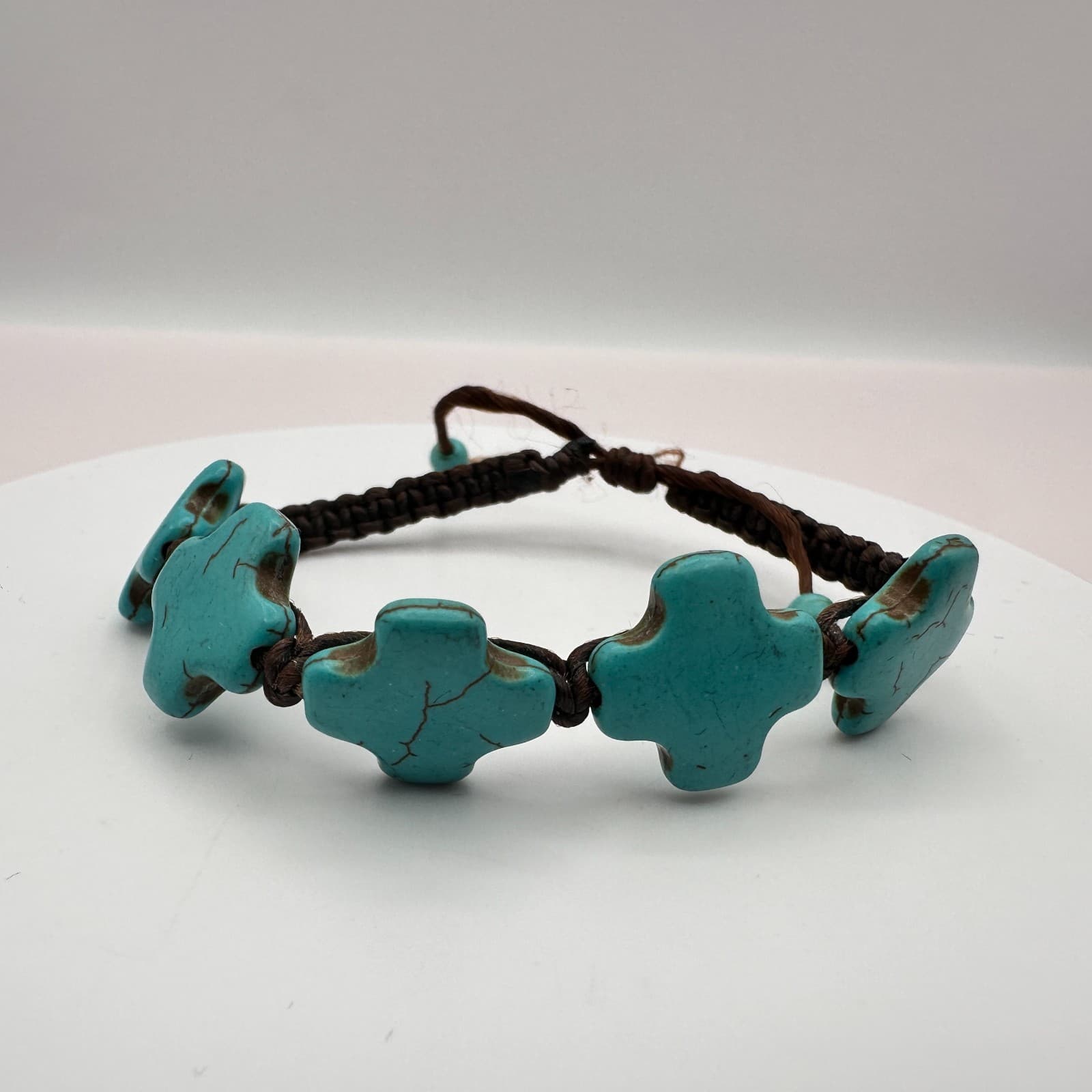 Vintage 90s Turquoise Howlite Cross Bracelet Brown Braided Cord Boho Jewelry