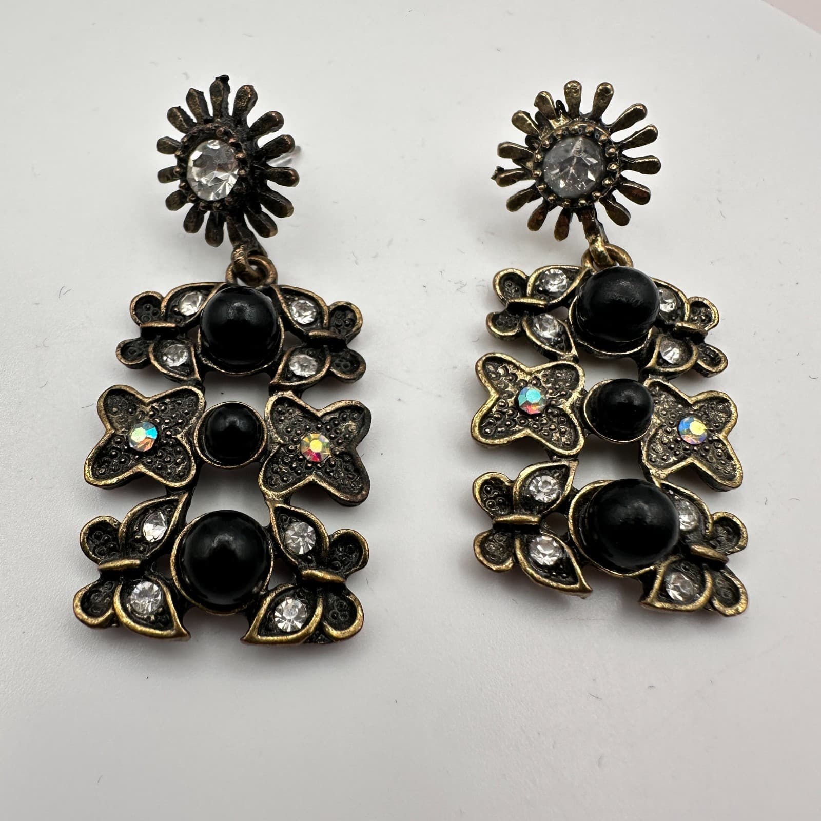 Vintage 90s Butterfly Dangle Earrings Black Beads Rhinestone Gold Tone Statement