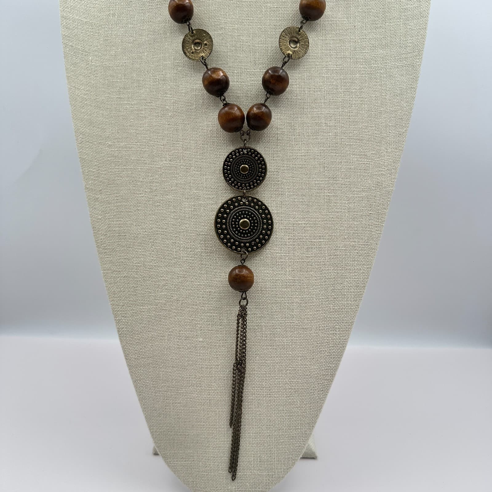 Vintage 80s Long Boohoo Wood Bead Metal Disc Tassel Necklace Statement Jewelry