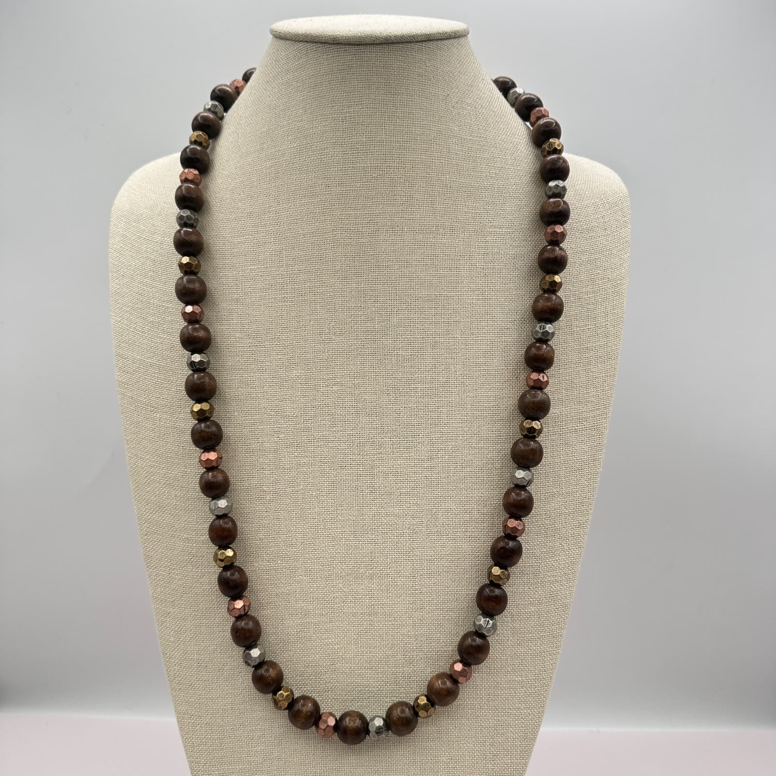 Vintage 80s Chunky Wood Bead Necklace Color Mixed Metal Silver Copper Jewelry