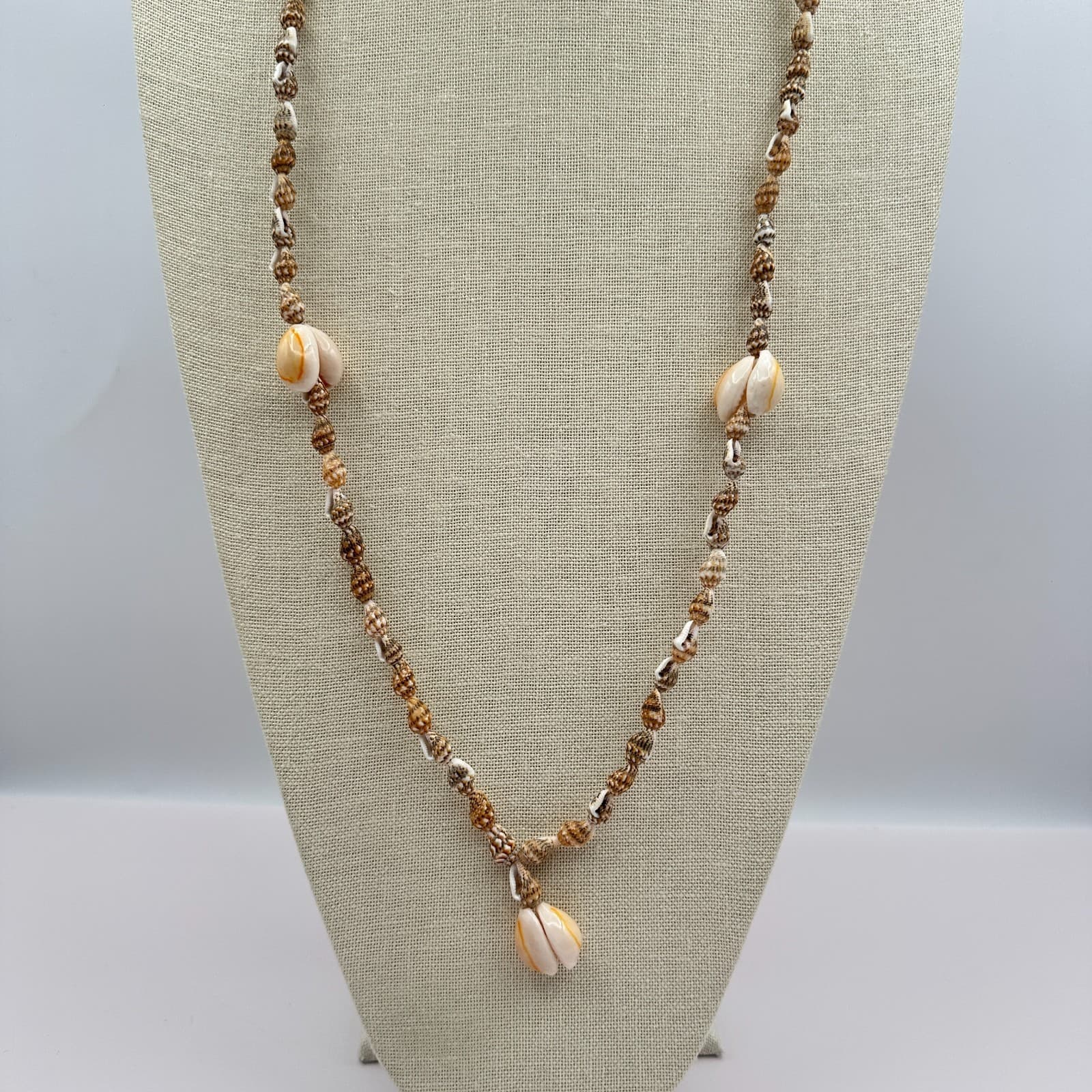 Vintage 80s Long Boohoo Natural Shell Necklace Brown White Cowrie Beach Jewelry