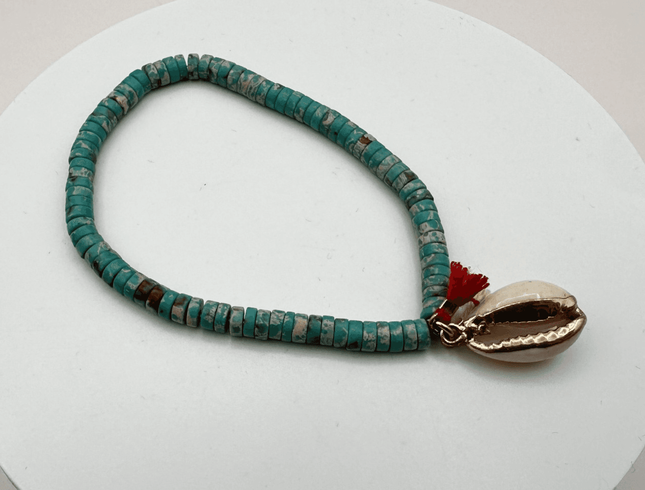 Vintage Y2K Boho Cowrie Shell Stretch Bracelet Turquoise Beaded Tassel Jewelry