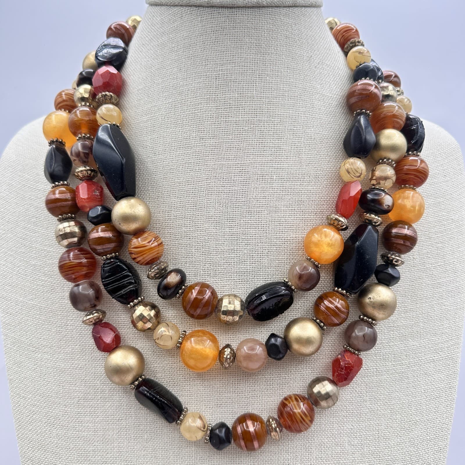 Vintage Y2K Gold Tone Multi Stand Chunky Beaded Necklace Statement Boho Jewelry