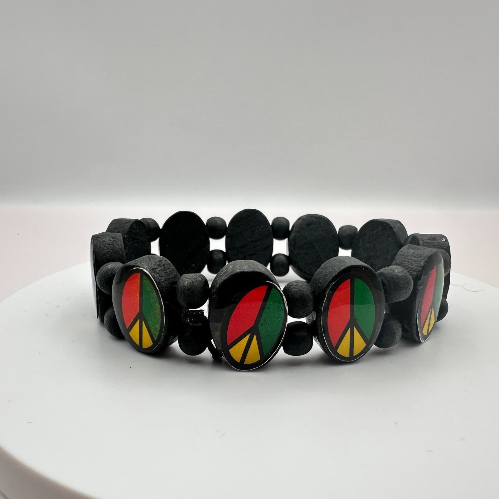 Vintage 90s Rasta Peace Sign Wood Stretch Bracelet Red Green Yellow Jewelry