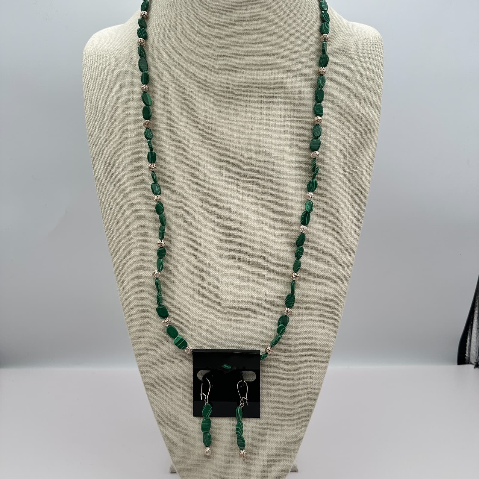 Vintage 90s Green Malachite Beaded Necklace Earrings Set Women's Classic Jewelry