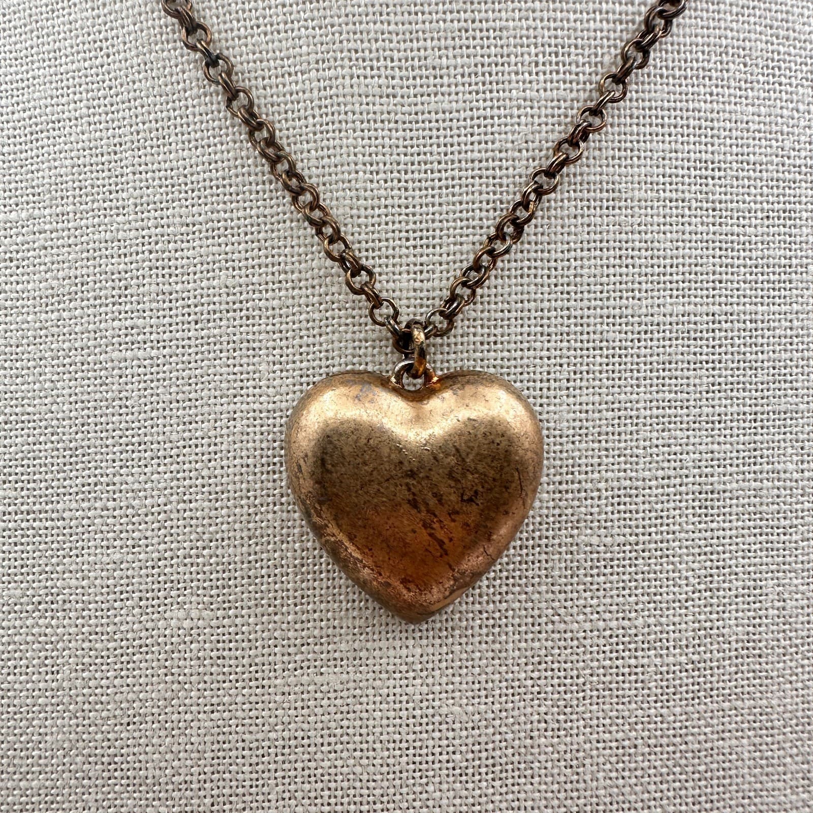 Vintage 80s Copper Tone Puffy Heart Pendant Necklace Women's Classic Jewelry