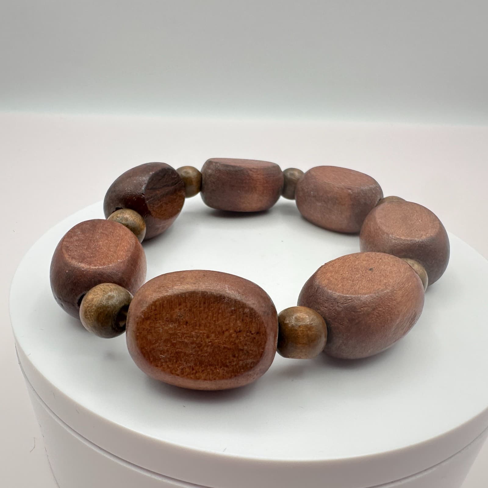 Vintage 80s Brown Wooden Bead Stretch Bracelet Statement Handcrafted Jewelry