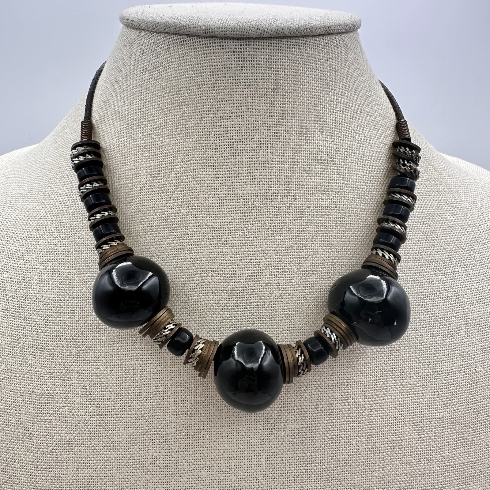 Vintage 80s Boho Black Ceramic Clay Bead Statement Necklace Tribal Brass Jewelry