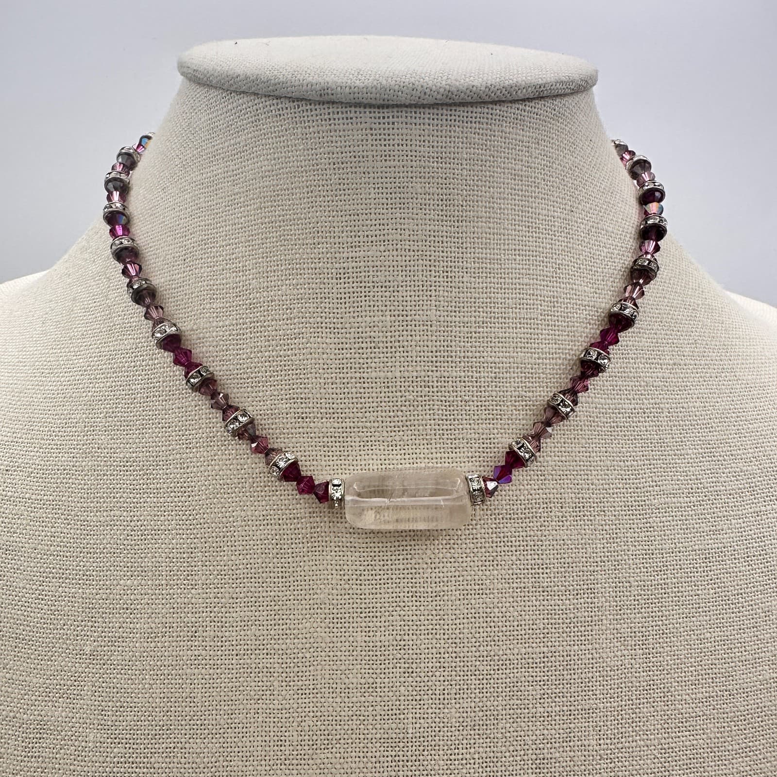 Vintage 90s Purple Beaded Necklace Silver Tone Clear Rhinestone Women's Jewelry