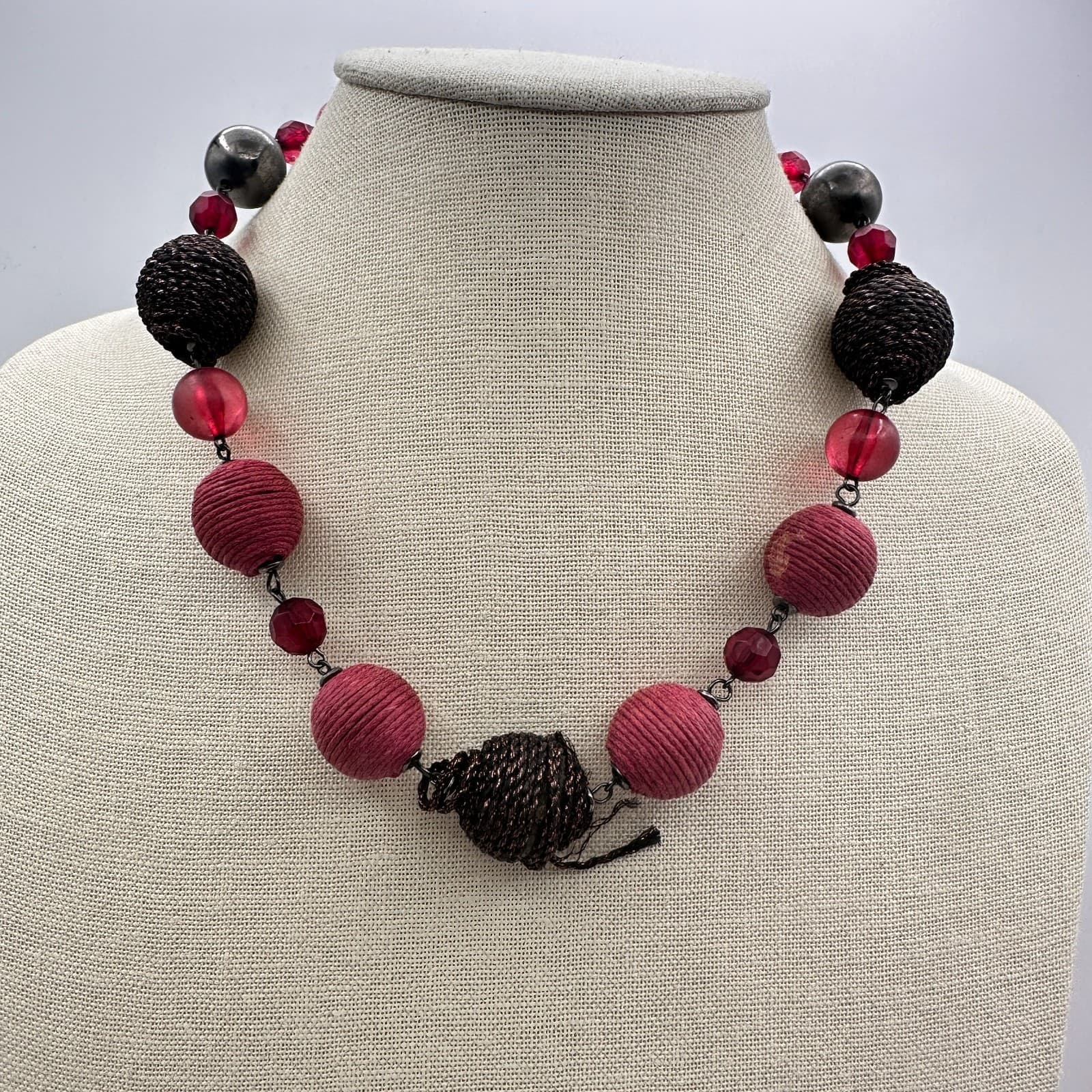 Vintage 80s Chunky Statement Necklace Red & Black Artisan Wrapped Beads Jewelry