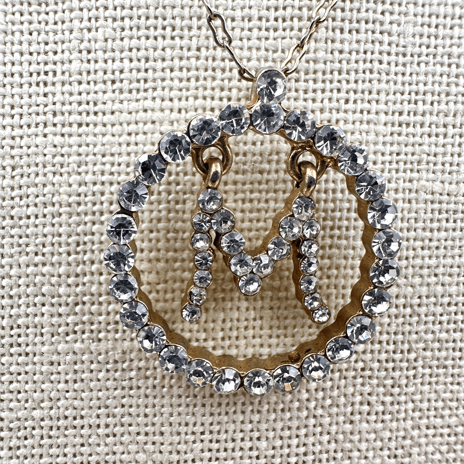 Vintage 90s Liz Claiborne Initial M Circle Pendant Necklace Gold Tone Rhinestone