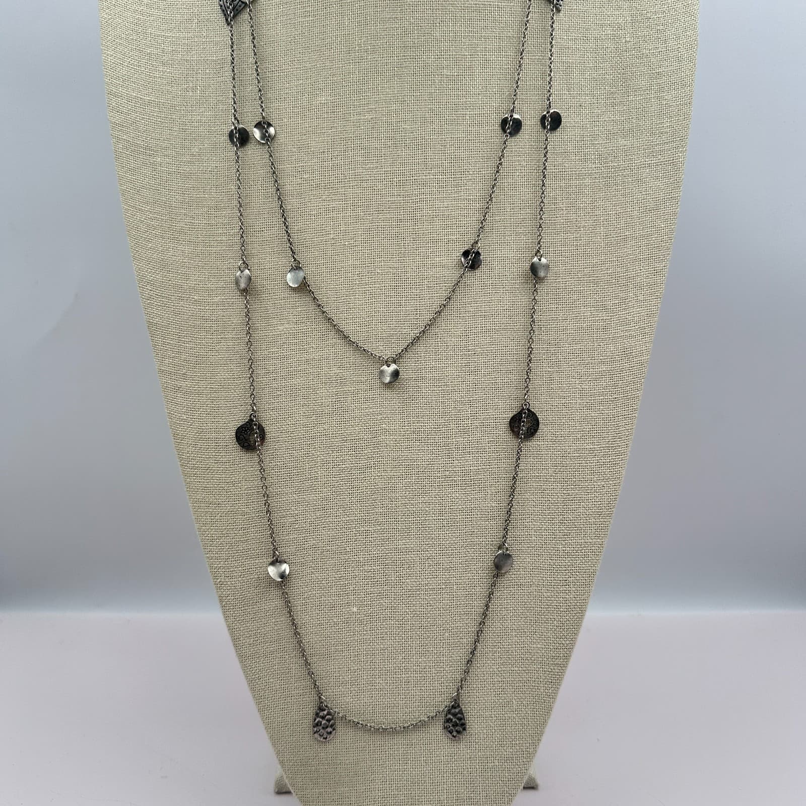 Vintage 90s Multi Strand Layered Necklace Silver Tone Hearts Disk Charms Jewelry
