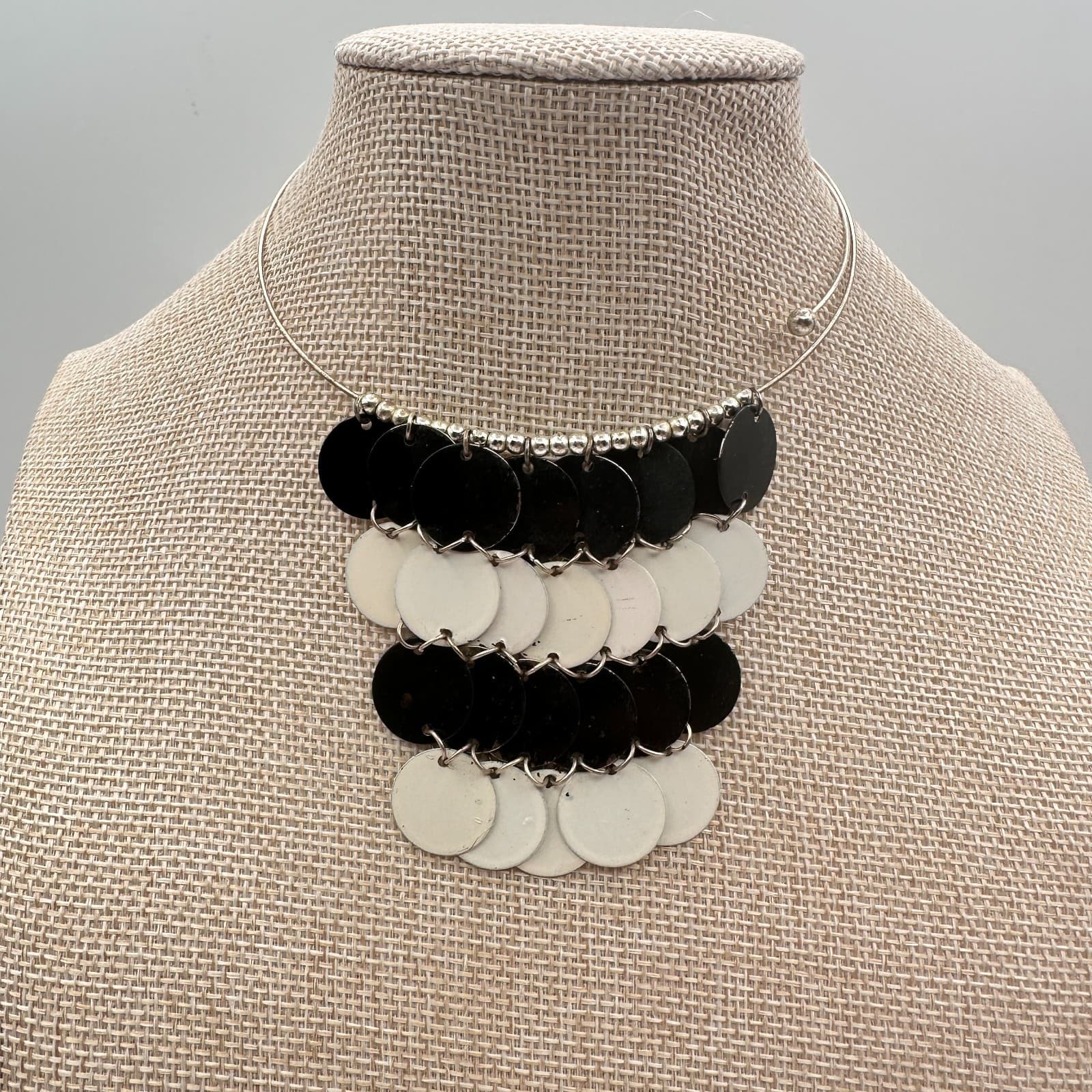 Vintage 90s Modern Black White Enamel Disc Bib Choker Metal Torque Women Jewelry