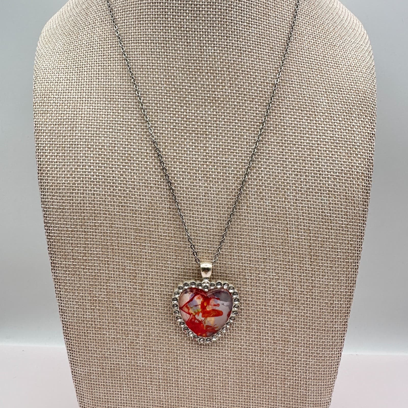 Vintage 80s Red Real Pressed Rose Heart Necklace Silver Tone Pendant Jewelry
