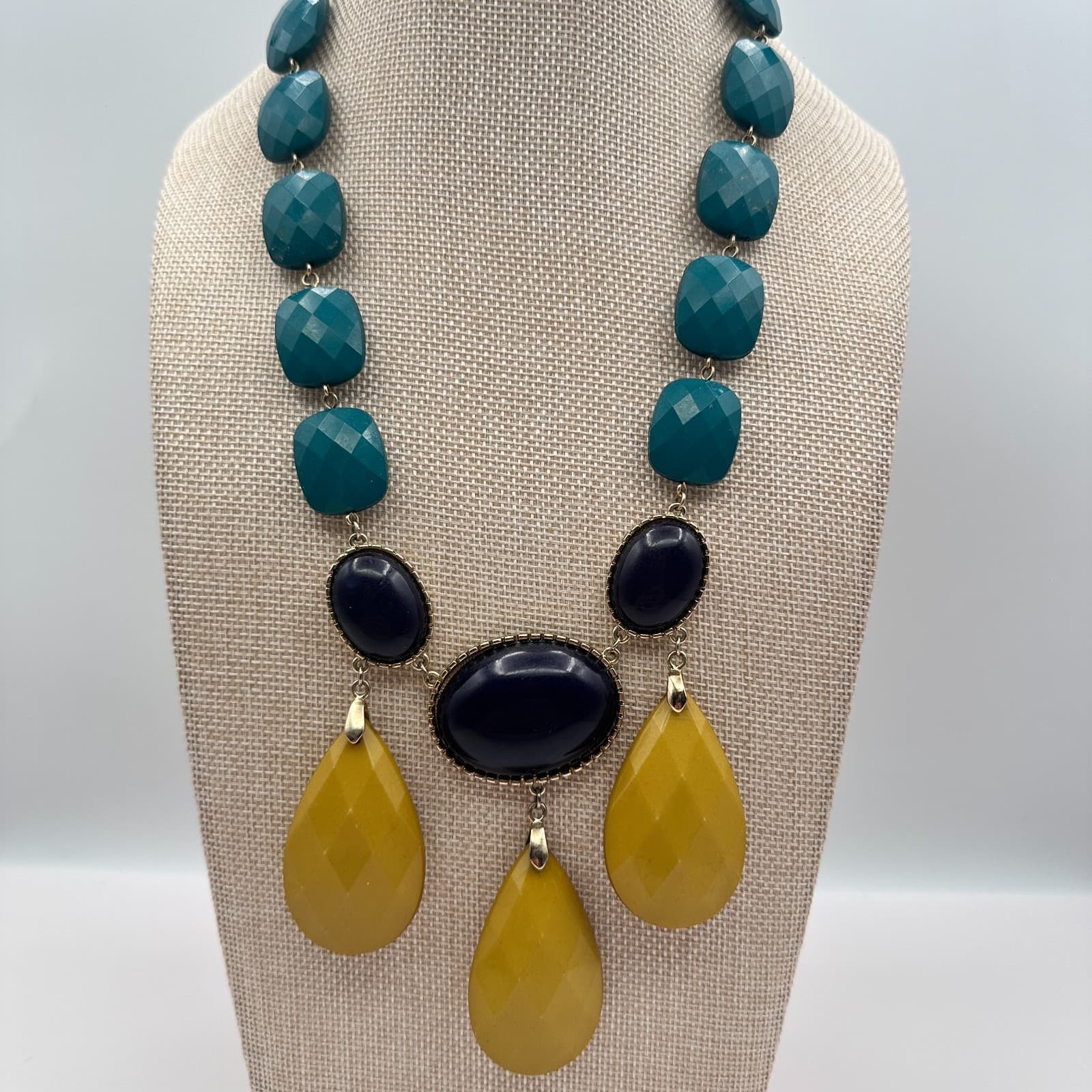 Vintage Y2K Boho Statement Bib Necklace Mustard Yellow Beads Womens Jewelry