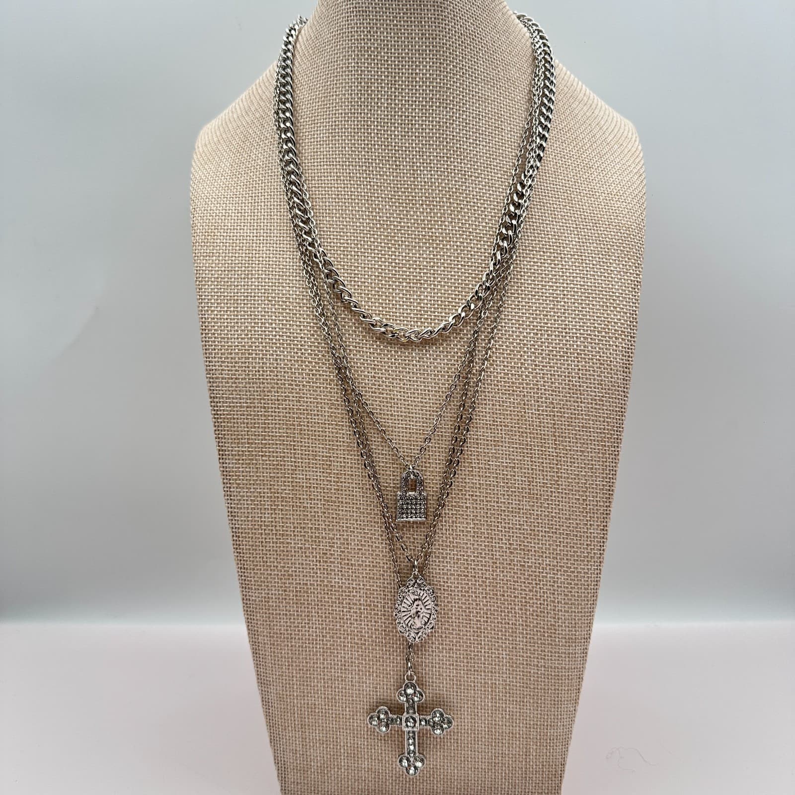 Vintage Y2K Silver Tone Layered Necklace Cross Virgin Mary lock Charms Jewelry