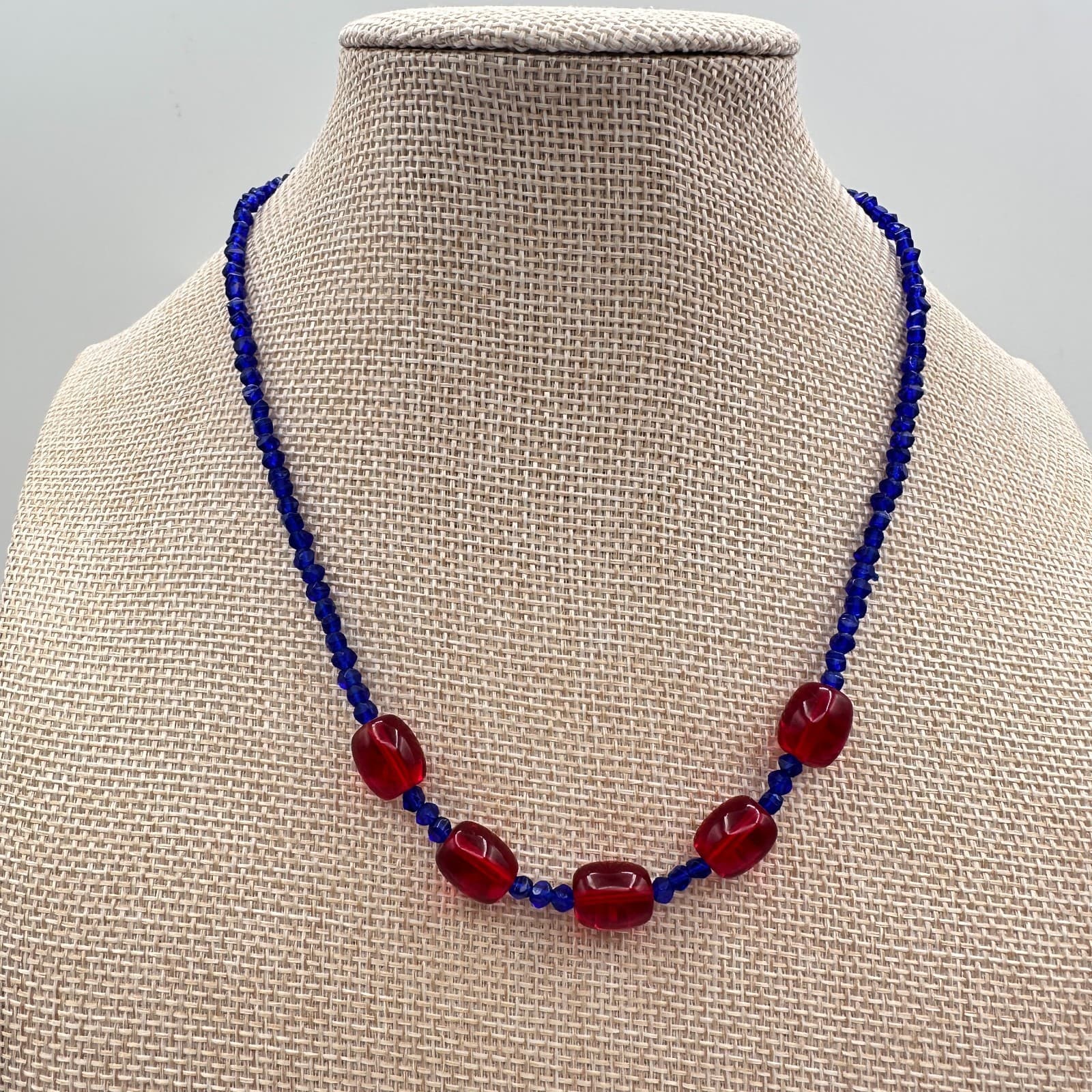 Vintage 70s Blue Seed Beads Necklace Red Glass Barrel Beads Statement Jewelry