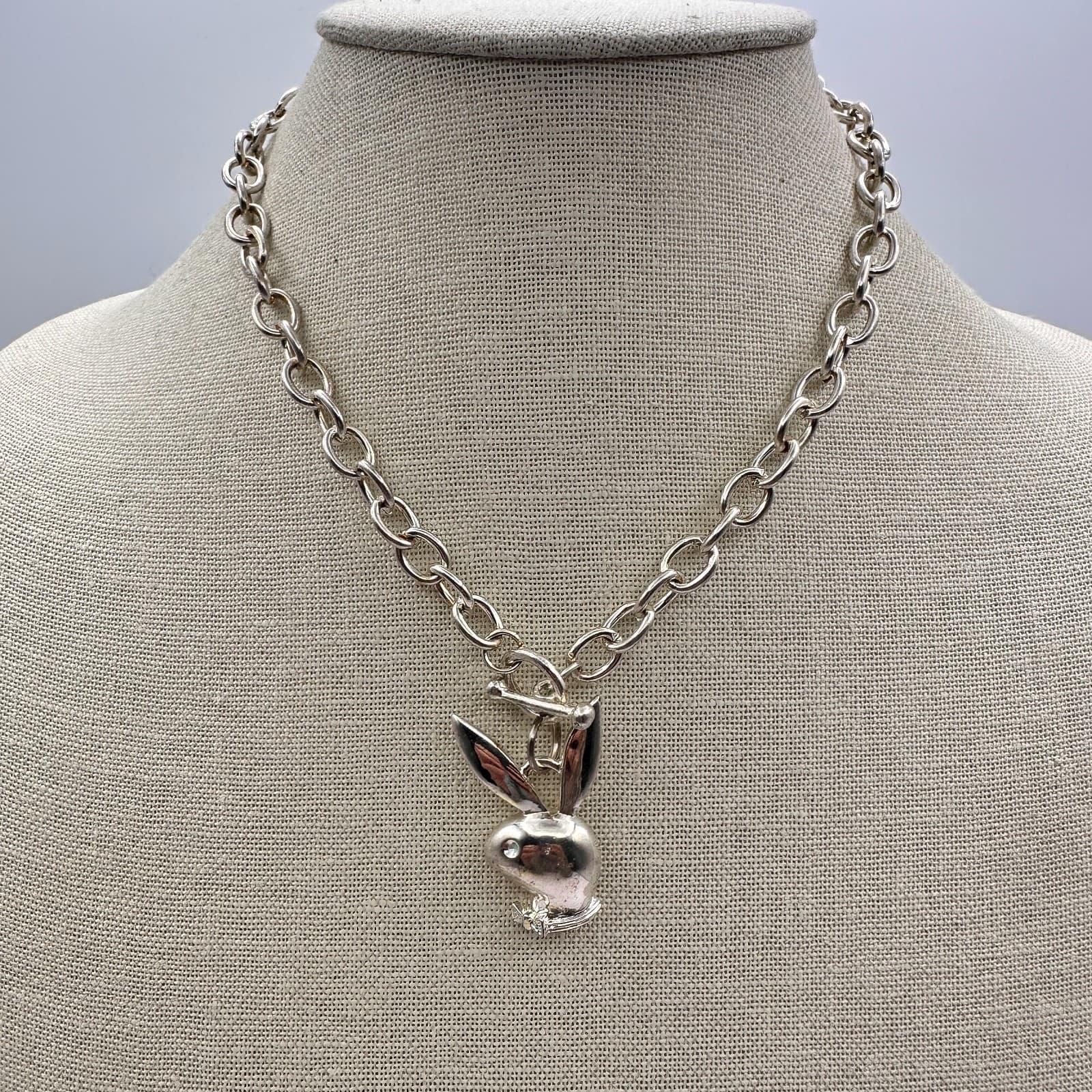 Vintage 90s Bunny Pendant Necklace Silver Tone Chunky Chain Choker Retro Jewelry