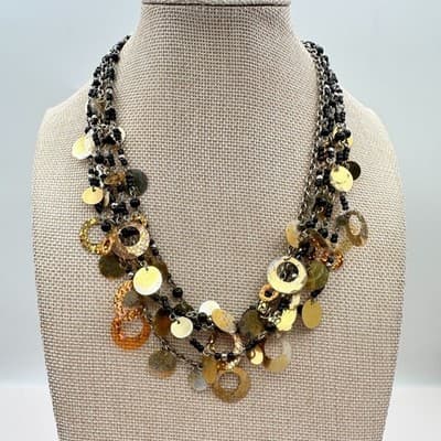 Vintage Y2K Twisted Statement Necklace Glitter Disc Black Bead Fringe Jewelry