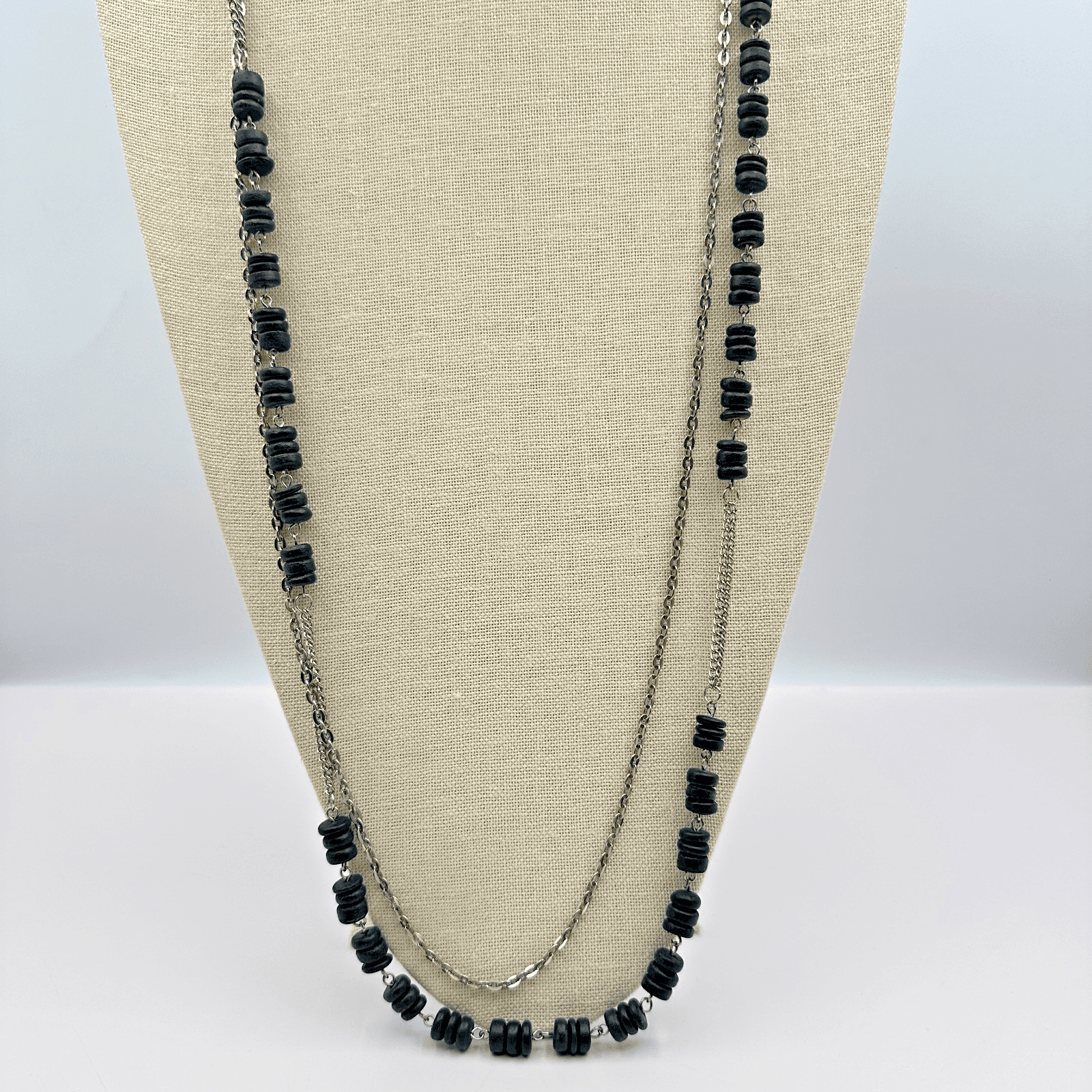 Vintage 90s stranded Layered Necklace Black Disk Beads Silver Tone Chain Jewelry