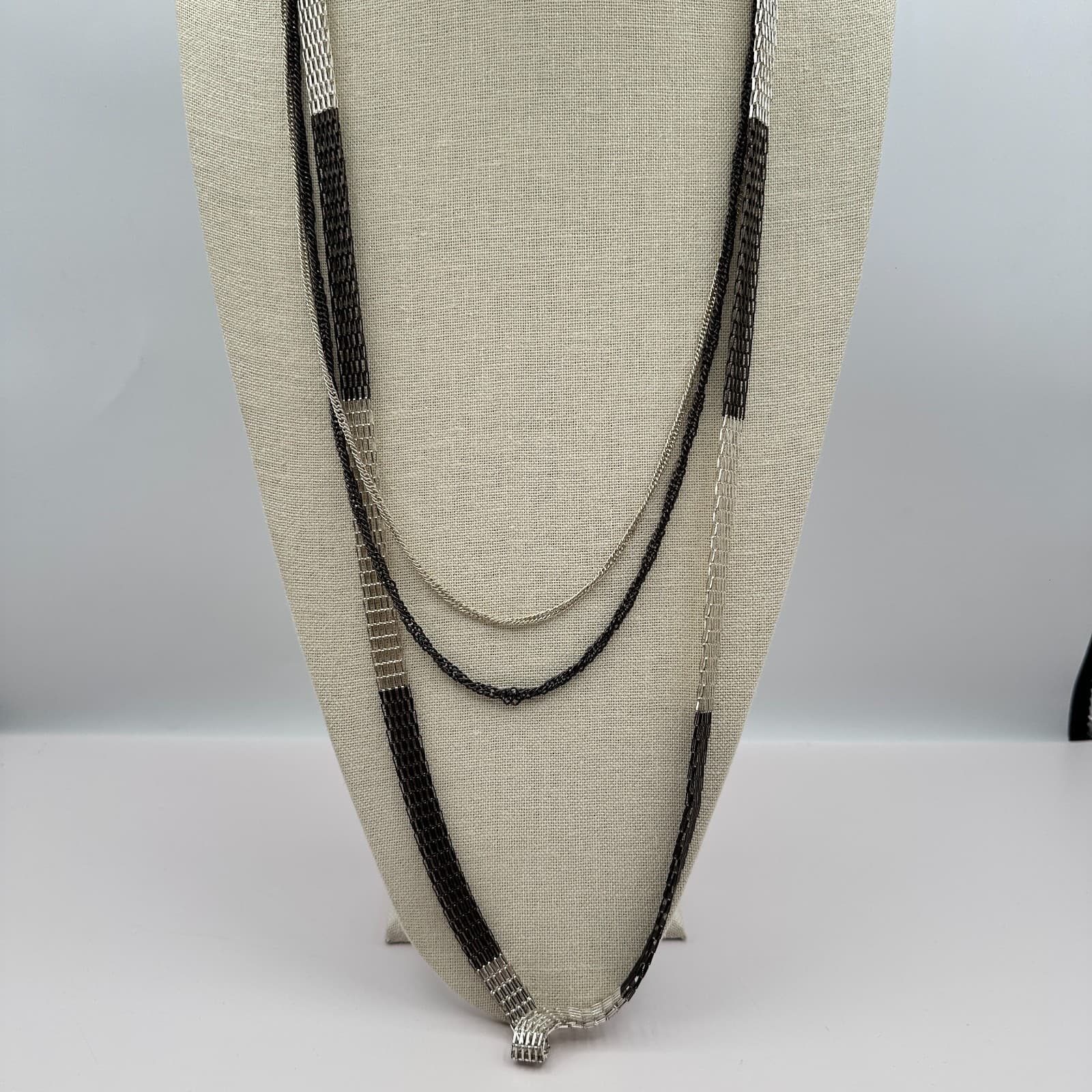 Vintage 90s Silver Tone Black Multi Strand Mesh Chain Necklace Jewelry