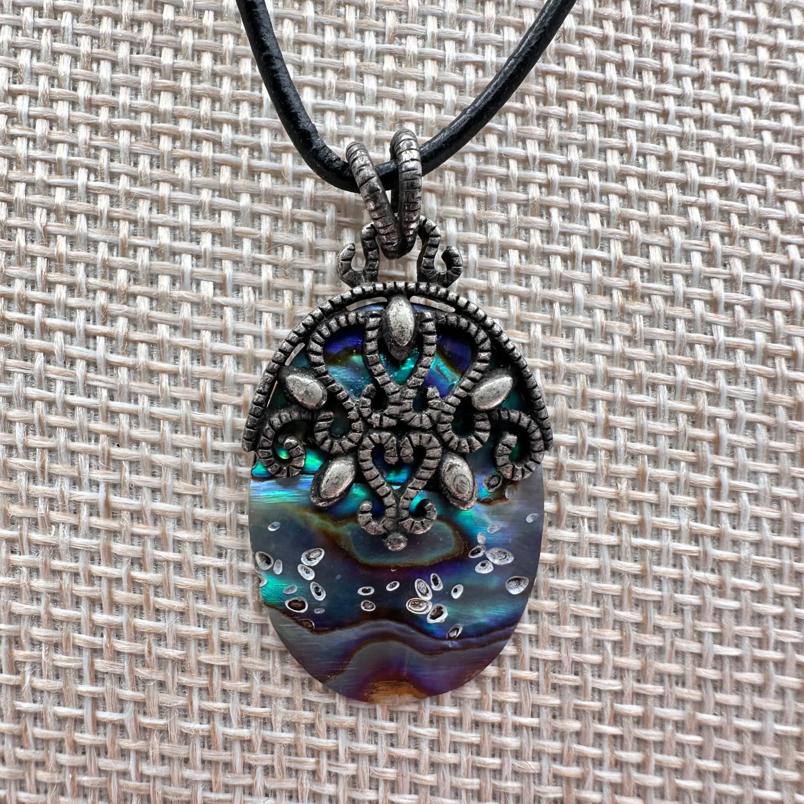Vintage 80s Abalone Shell Pendant Necklace Silver Tone Filigree Boho Statement