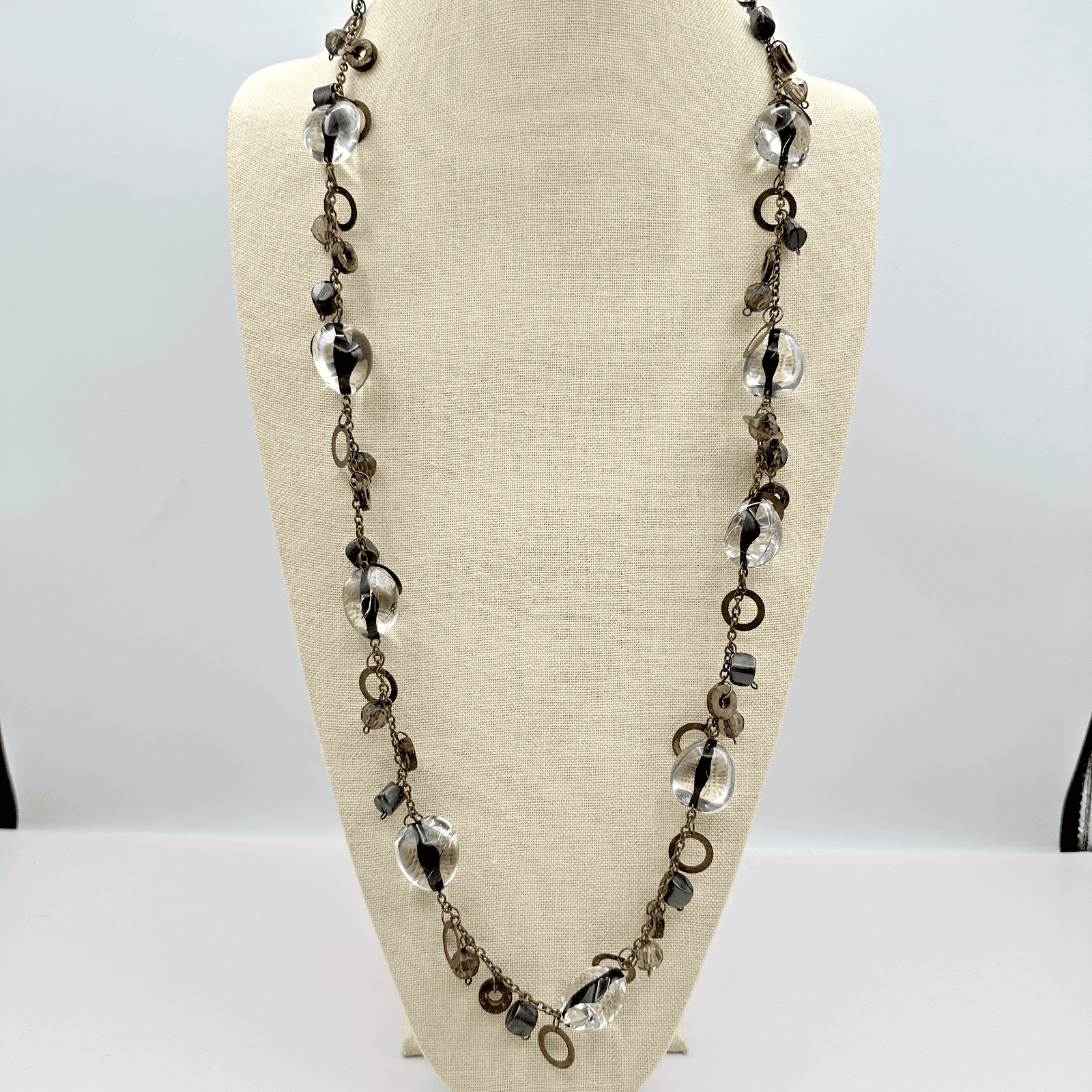 Vintage 80s Beaded Station Necklace Bronze Tone Boho Women's Classic Jewelry