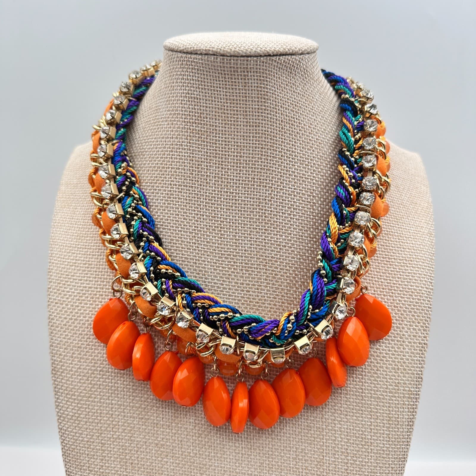 Vintage 90s Chunky Bib Necklace Orange Teardrop Beads Statement Women's Jewelry