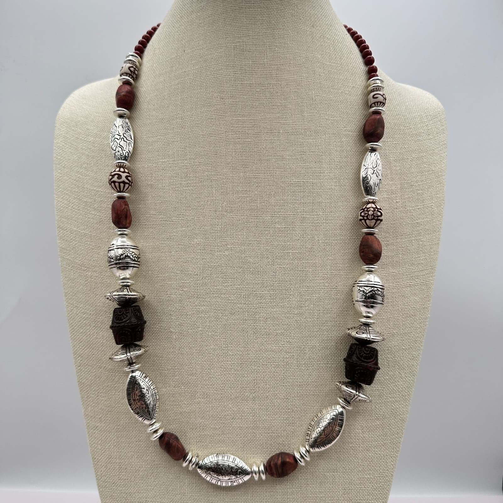Vintage 80s Beaded Necklace Silver Tone Statement Boho Women's Classic Jewelry