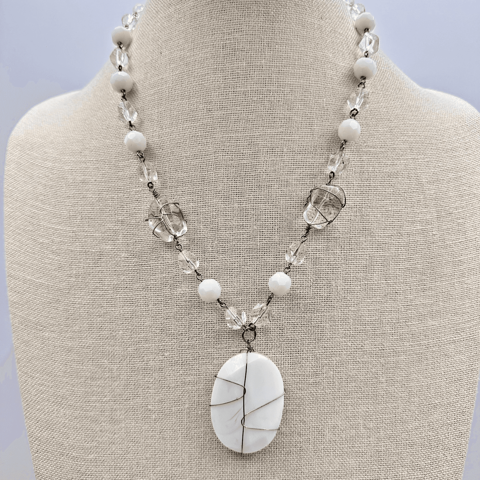 Vintage 90s Wire Wrapped White Stone Pendant Necklace Beaded Boho Jewelry