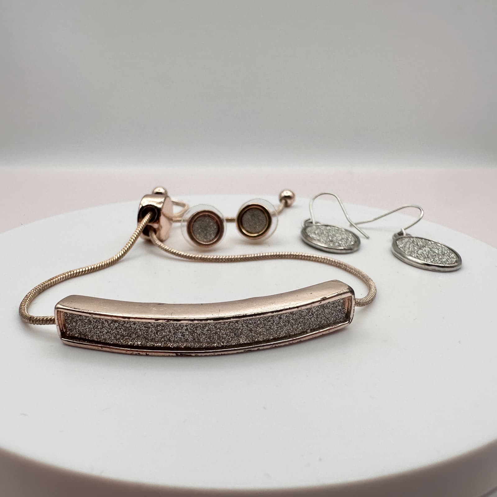 Vintage Y2K Rose Gold Tone Slider Bracelet Stud & Dangle Earrings Jewelry Set