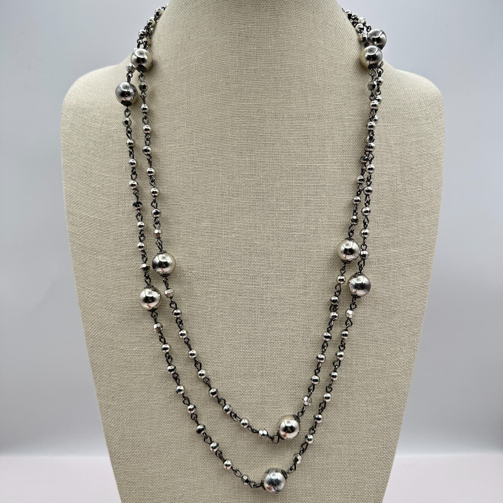 Vintage Y2K Double Strand Silver Tone Beaded Necklace Statement Boho Jewelry