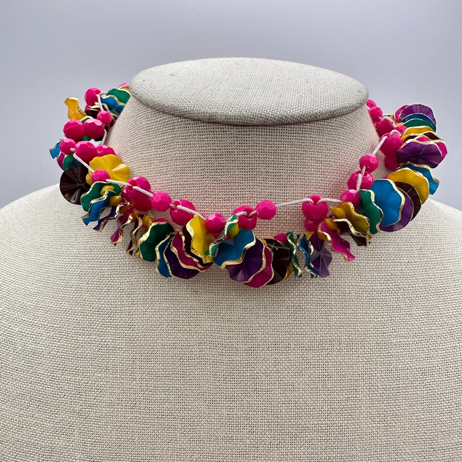 Vintage 80s Ruffle Disc Beaded Choker Necklace Boho Statement Women's Jewelry