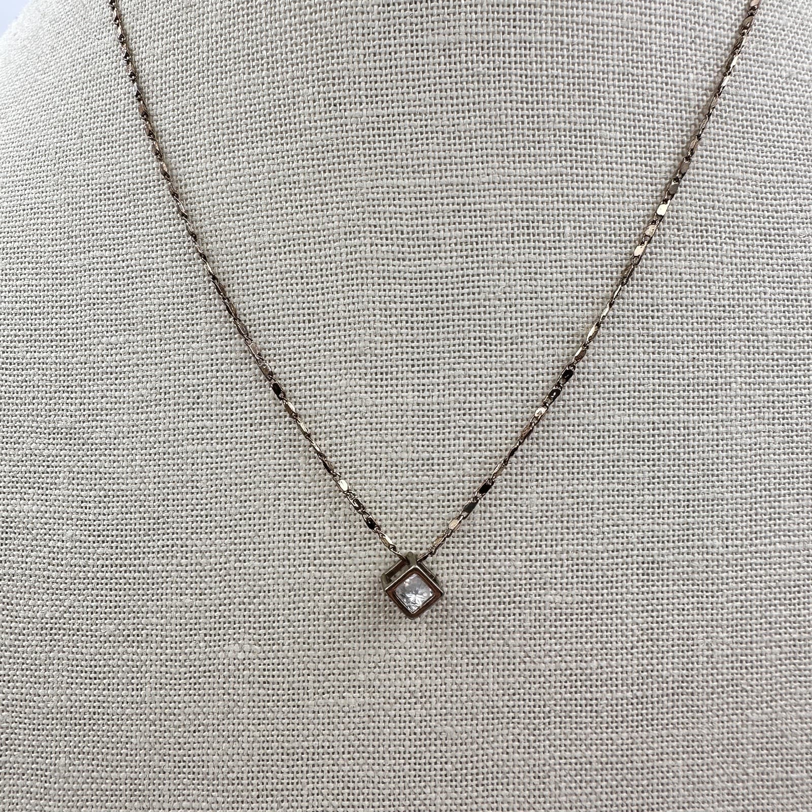 Vintage 90s Gold Tone Dainty Chain Cube Clear Rhinestone Necklace Jewelry