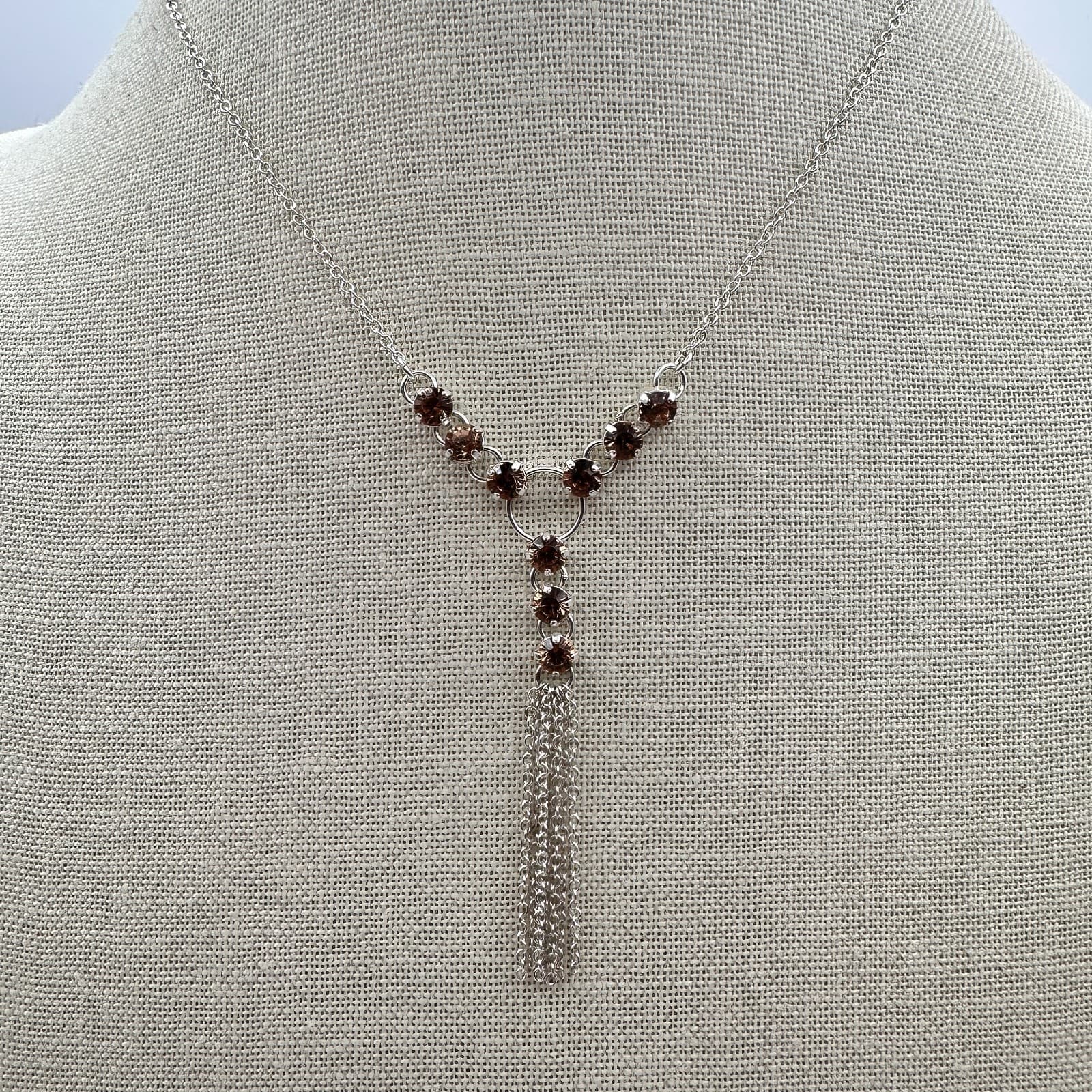 Vintage Y2K Silver Tone Chain Brown Rhinestone Tassel Necklace Statement Jewelry