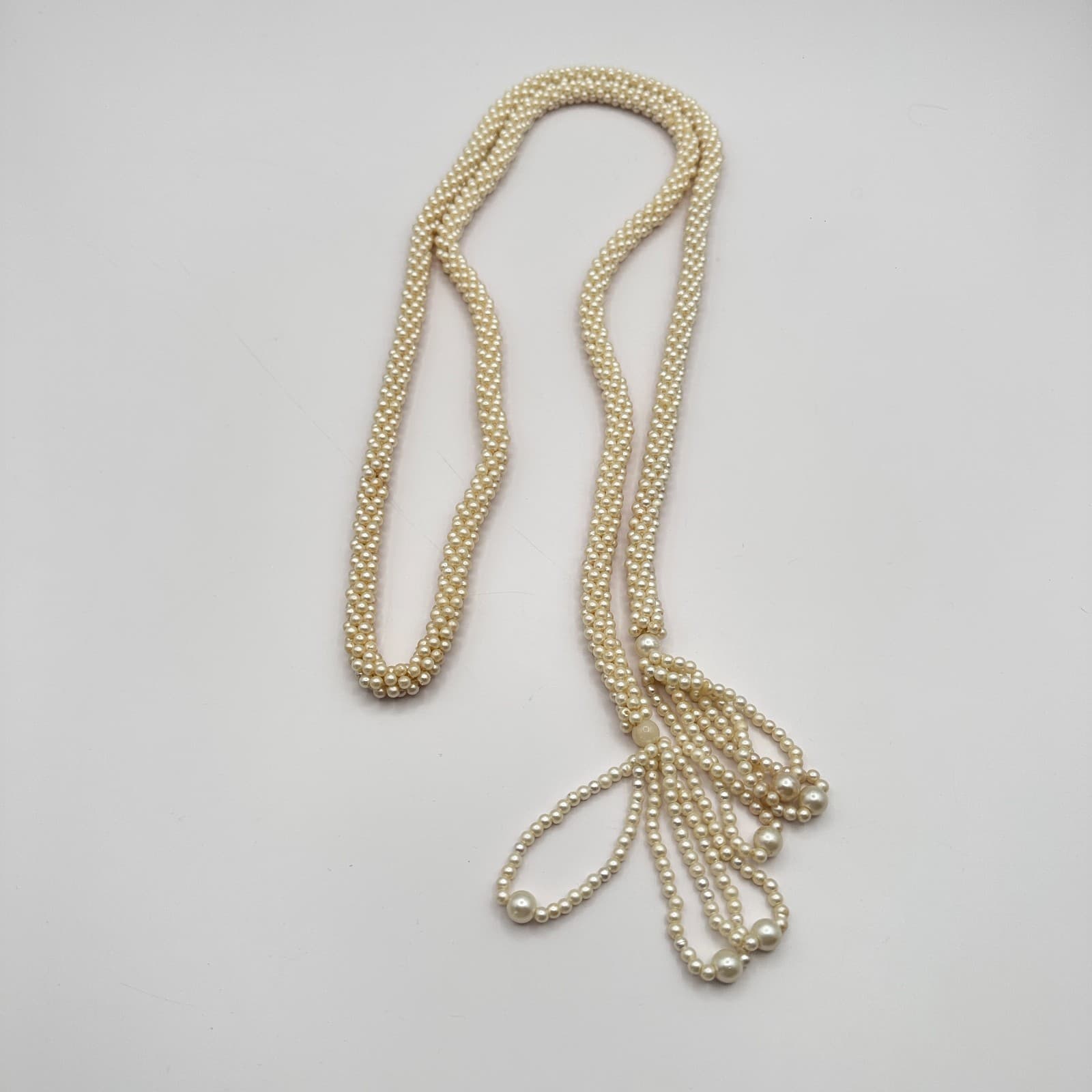 Vintage 90s Faux Pearl Lariat Necklace Woven Seed Beaded Women's Classic Jewelry