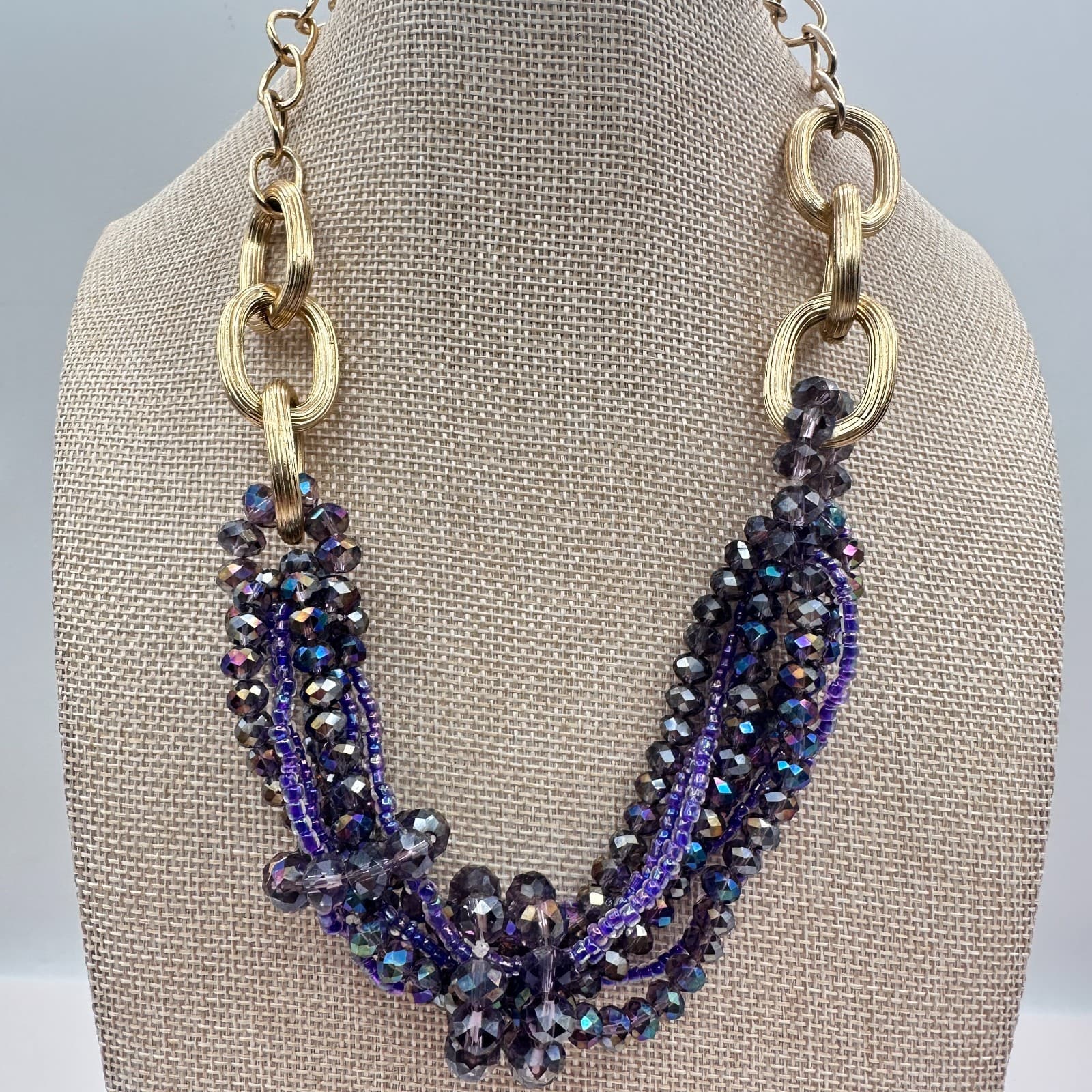 Vintage Y2K Gold Tone Iridescent Beaded Multi-Strand Statement Necklace Jewelry