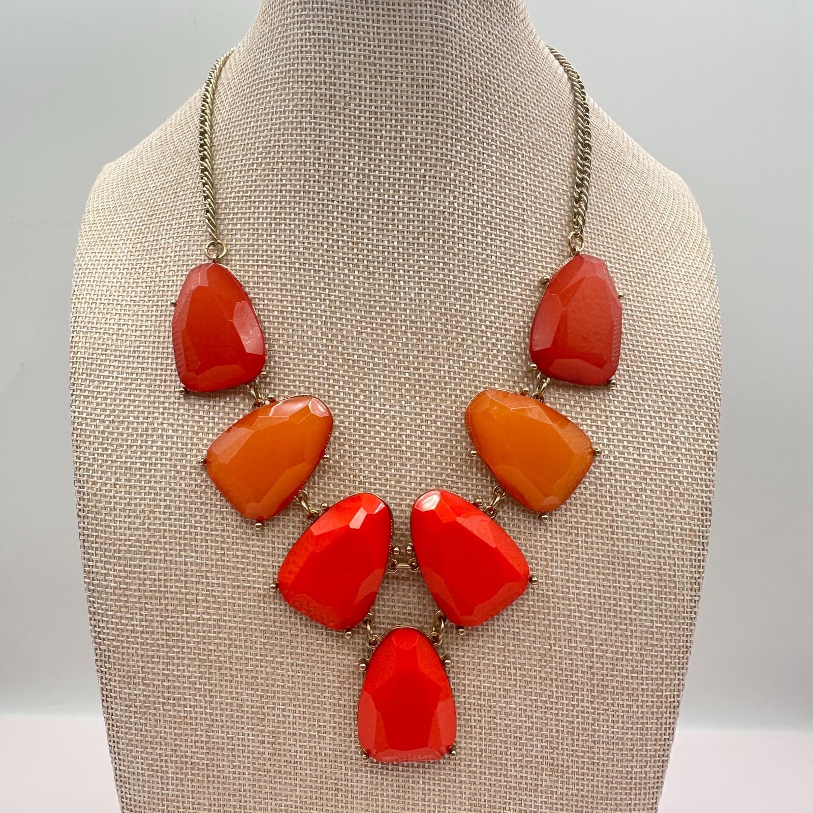 Vintage 90s Gold Tone Red Chunky Bib Necklace Statement Women's Classic Jewelry