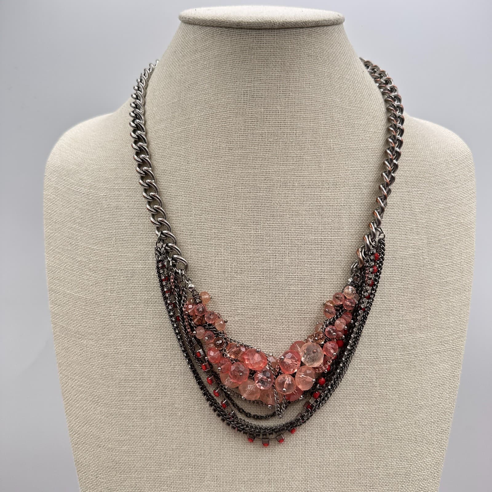 Vintage Y2K Multi-Strand Statement Necklace Rhinestone Beaded Silver Tone Chain