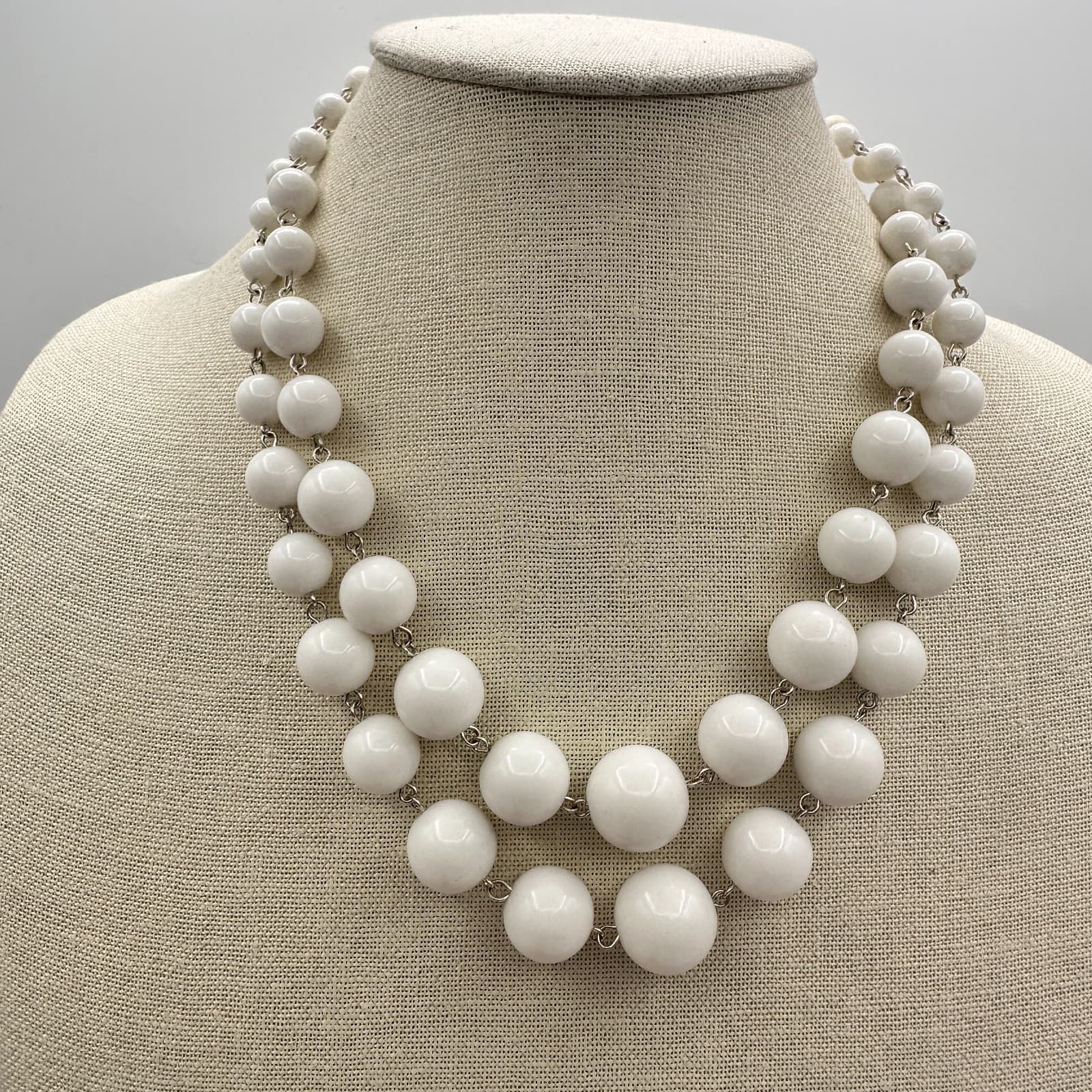 Vintage Y2K Silver Tone White Double Strand Beaded Necklace Statement Jewelry