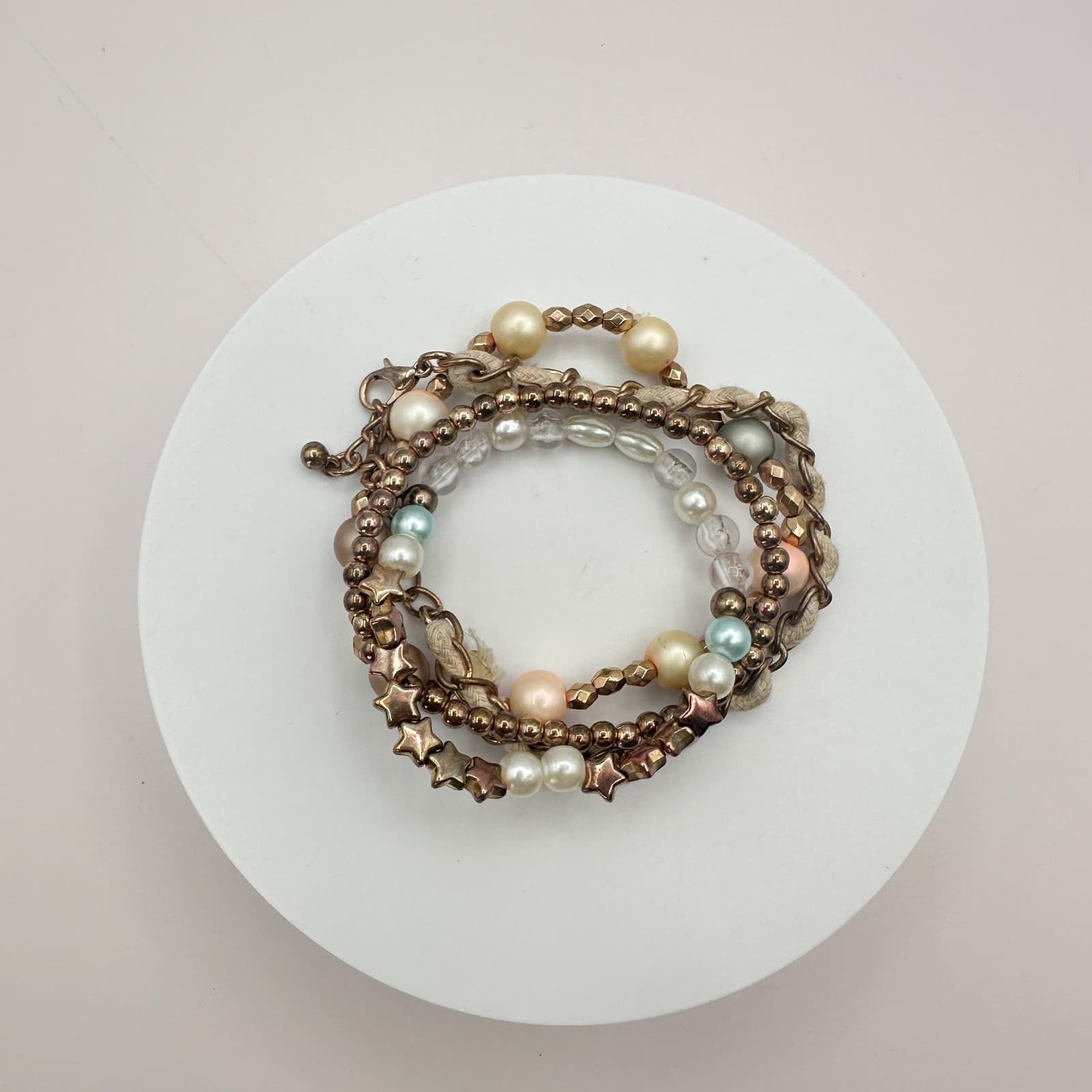 Vintage 90s Gold Tone Faux Pearl Glass Star Bead Bracelets Set Boho Stackable