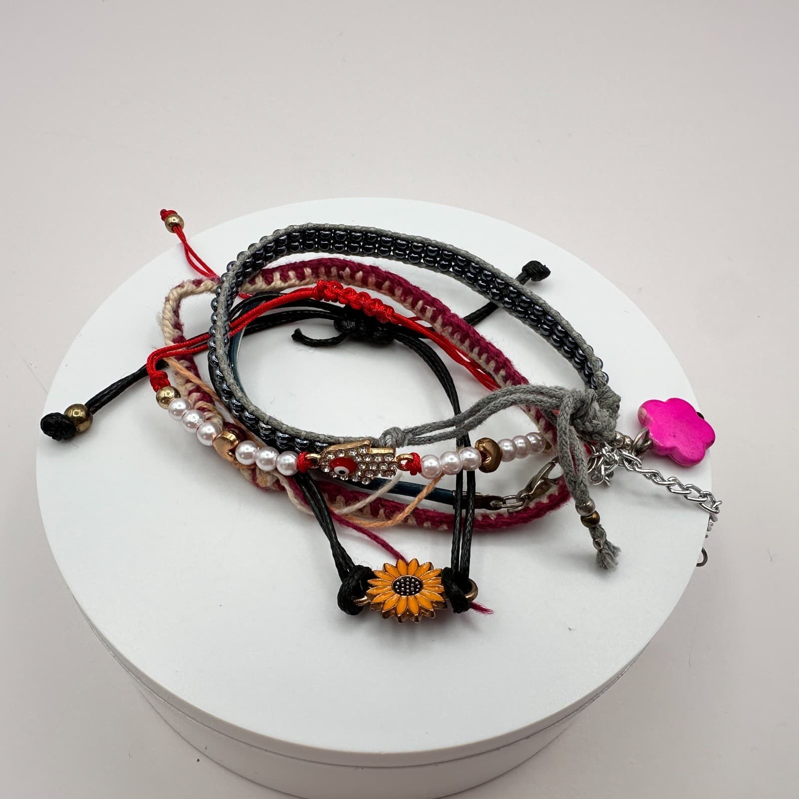 Vintage Y2K Boho Bracelets Set Macrame Hamsa Evil Eye Sunflower Women's Jewelry