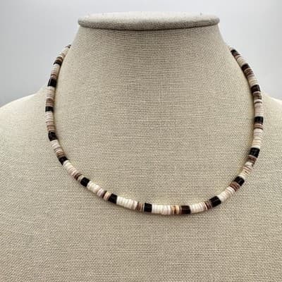 Vintage 80s Tiger Beads & White Black Clam Puka Shell Necklace Surfer Jewelry