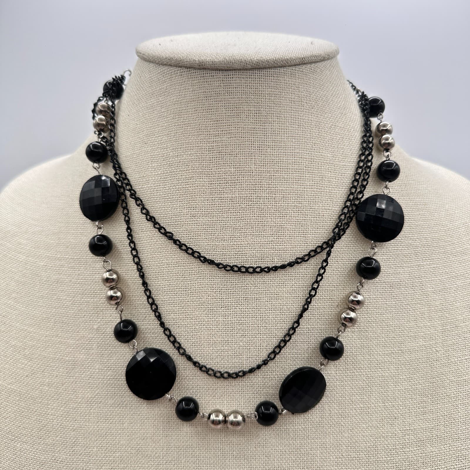 Vintage 90s Double Strand Jet Onyx Faceted Beaded Necklace Silver Tone Jewelry