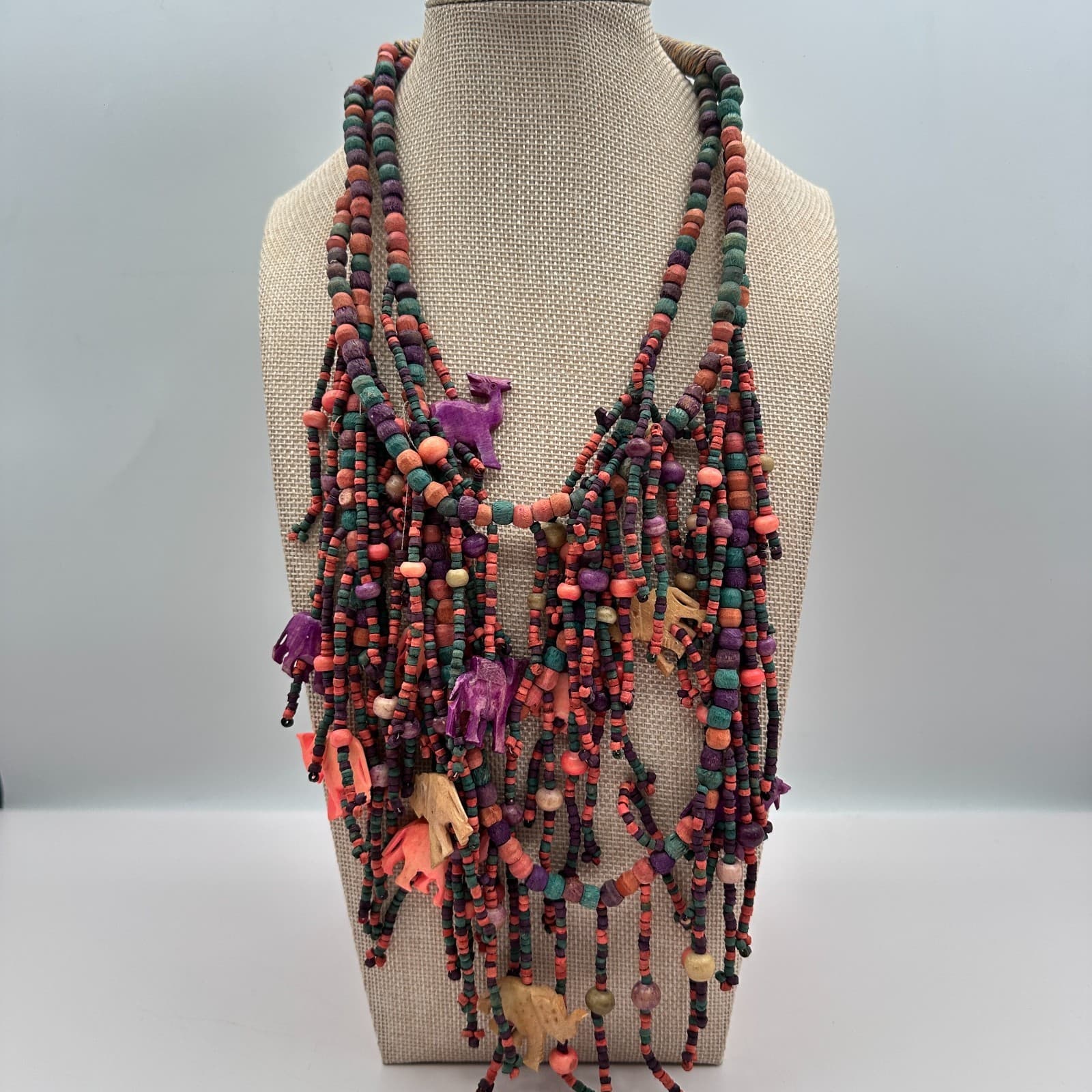 Vintage 70s Multi-Strand Carved Wood Fetish Beaded Statement Necklace Jewelry