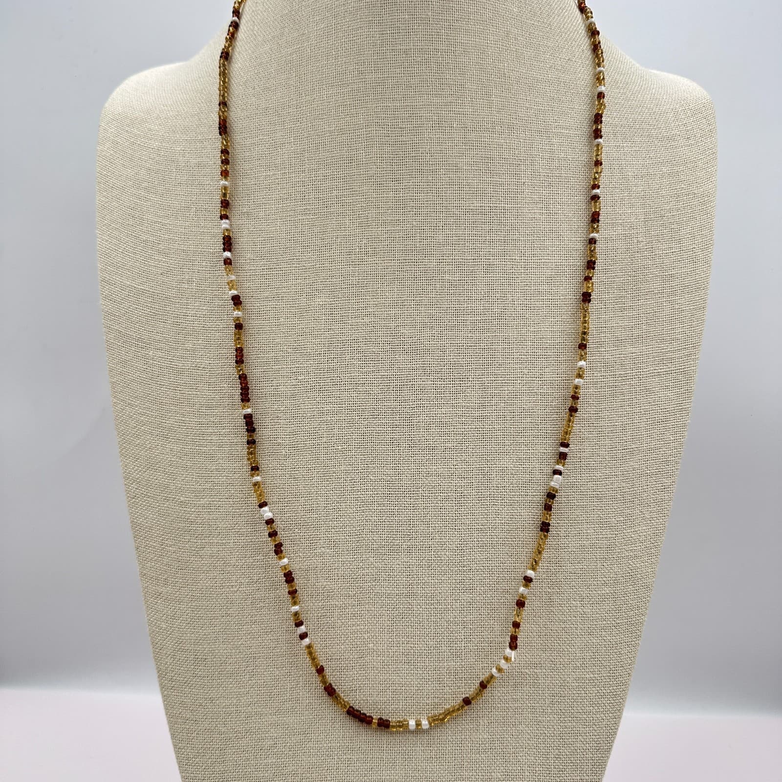 Vintage 70s Artisan Earth tone Glass Bead Strand Necklace Honey Amber Jewelry