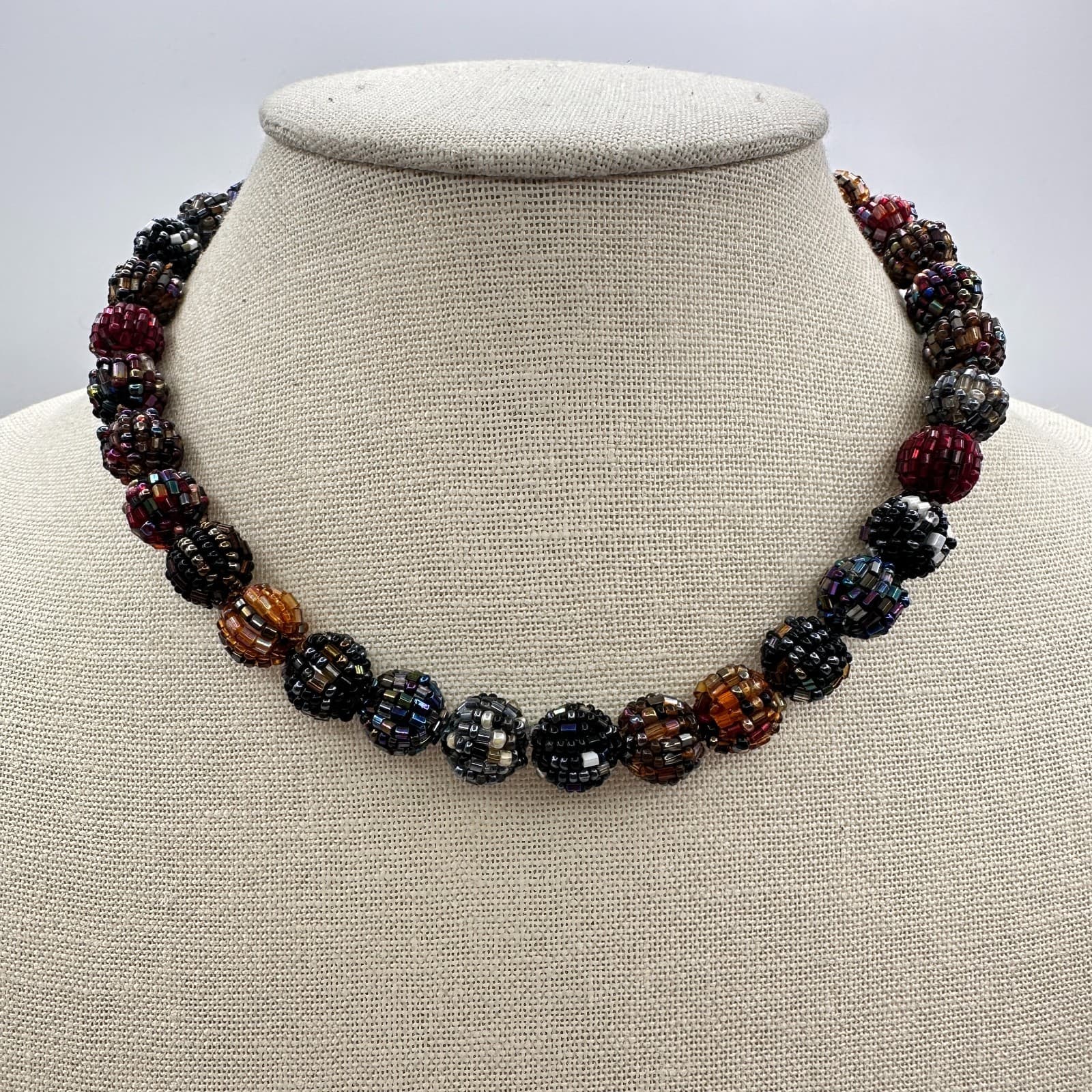 Vintage 80s MultiColor Bead Crochet Ball Necklace Chic Beaded Choker Jewelry