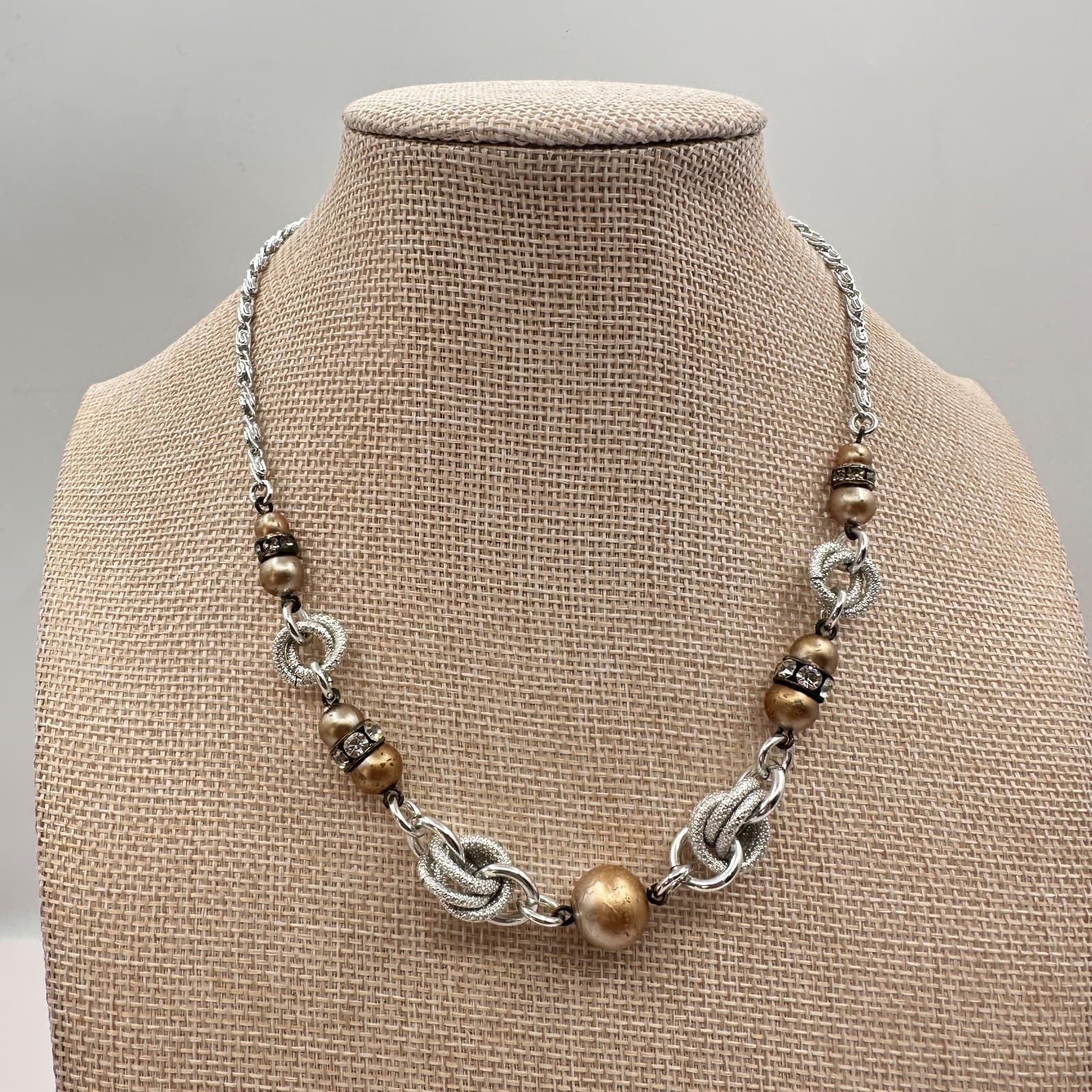 Vintage Y2K Silver Tone Faux Pearl Beaded Rhinestone Necklace Statement Jewelry