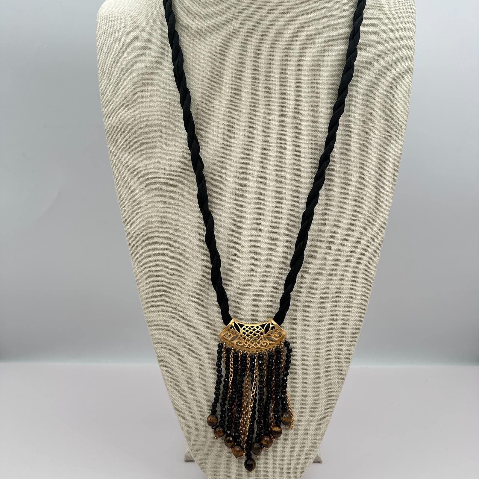 Vintage 80s Gold Tone Filigre Tassel Necklace Black Beads Tribal Pendant Jewelry
